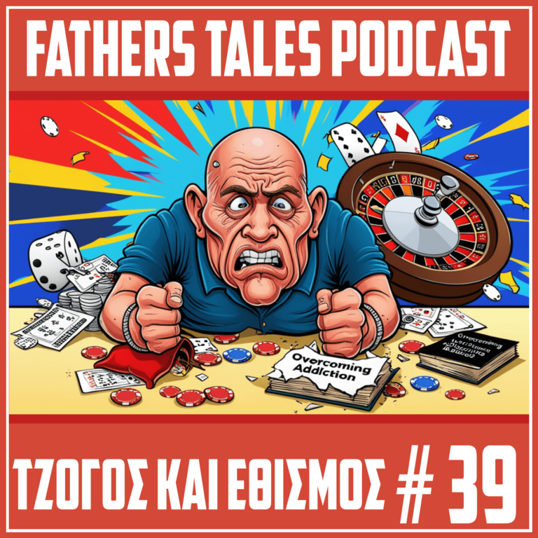 Το εξώφυλλο του 39ου επεισοδίου του Fathers Tales Podcast με τίτλο "Πώς αντιμετωπίζεις τον εθισμό στον τζόγο ενός αγαπημένου προσώπου;"