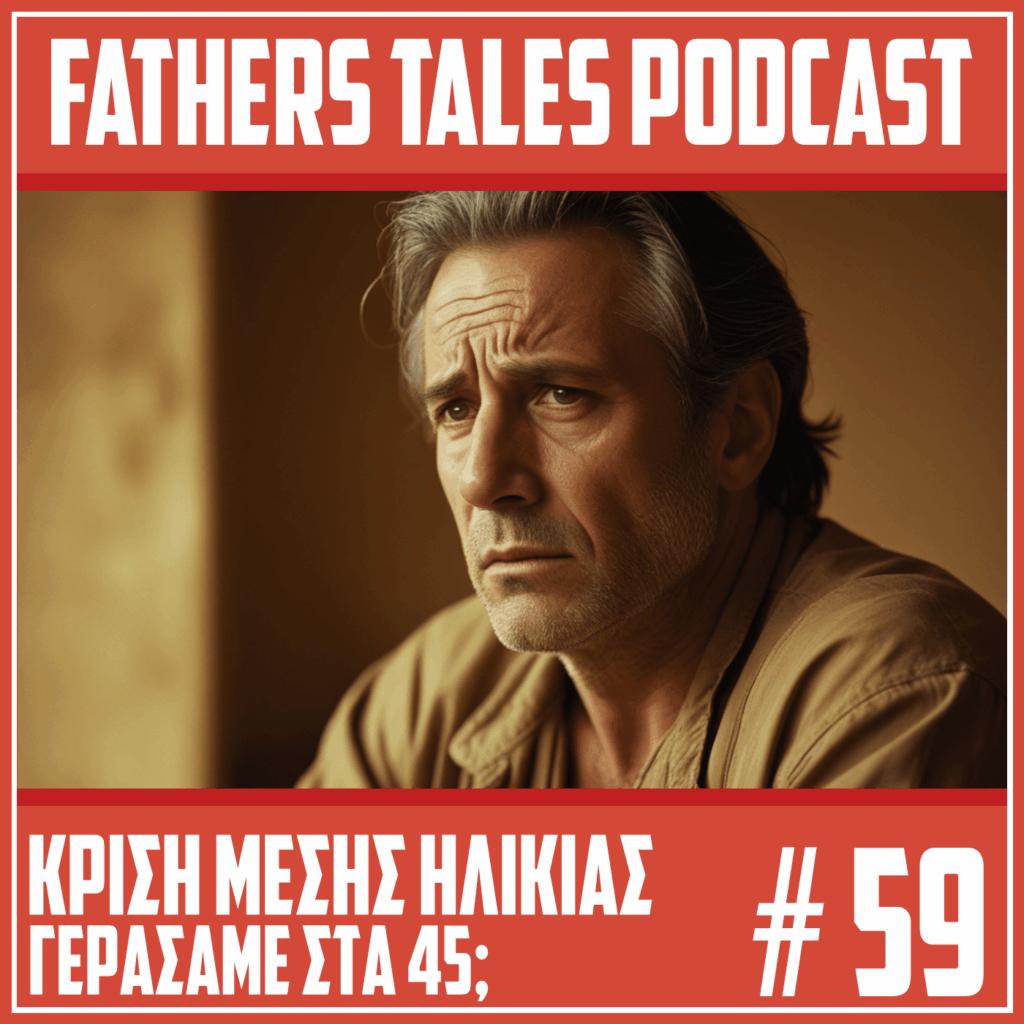 Το εξώφυλλο του 59ου επεισοδίου του Fathers Tales podcast με θέμα την κρίση μέσης ηλικίας