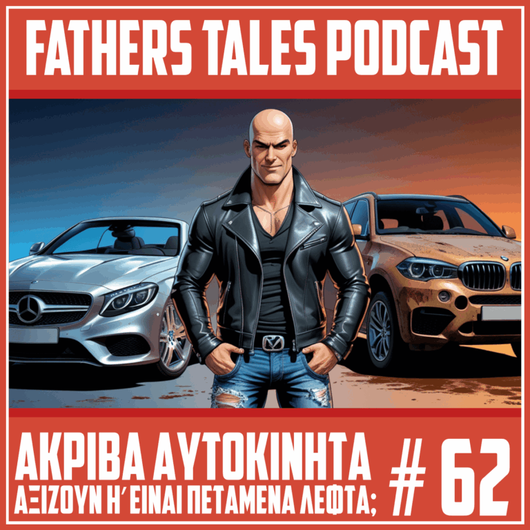 Το εξώφυλλο του 62ου επεισοδίου του Fathers Tales podcast. Η εικόνα δείχνει έναν άντρα ανάμεσα σε δύο αυτοκίνητα (ένα cabrio και ένα SUV)