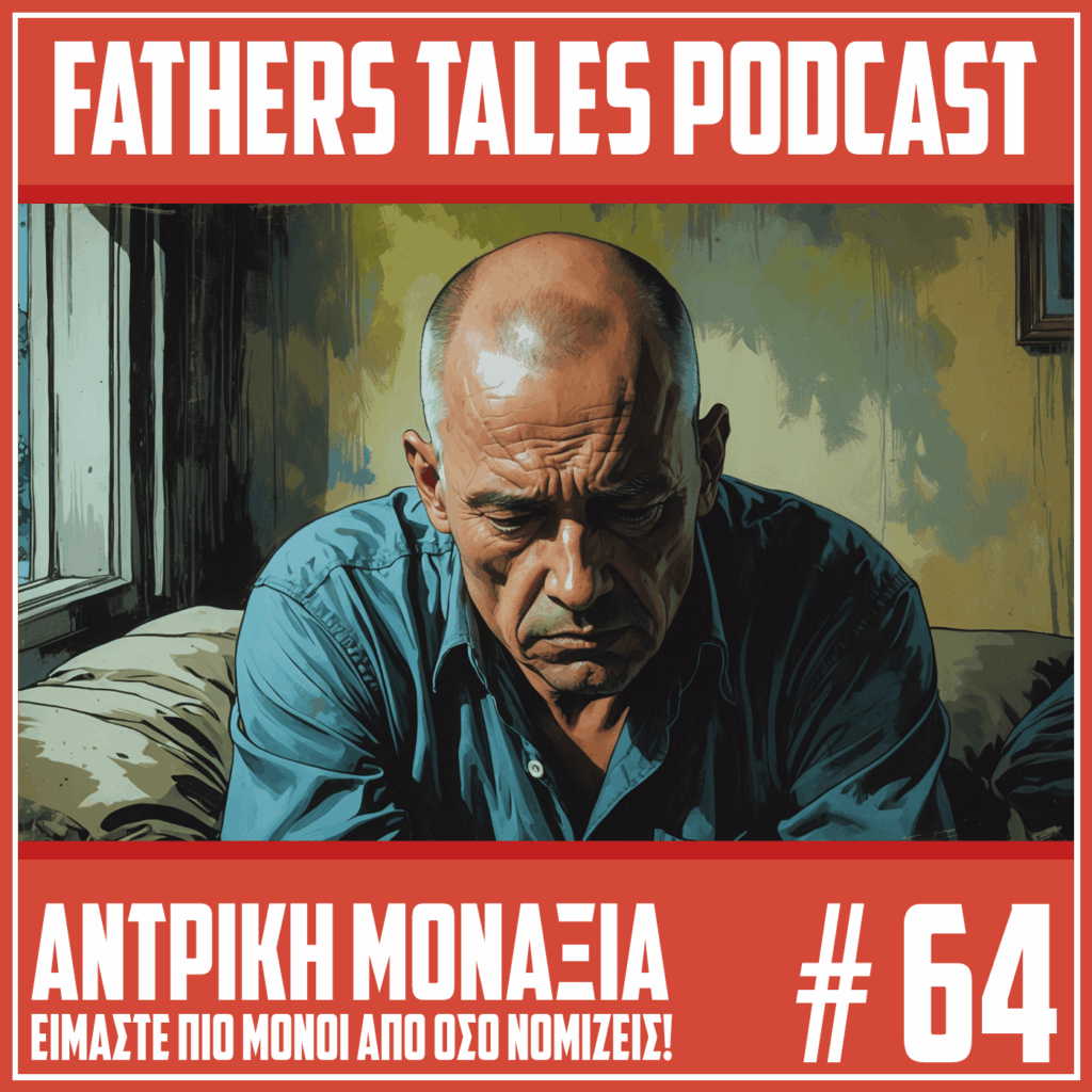 Το εξώφυλλο του 64ου επεισόδιου του Fathers Tales podcast. Δείχνει ένα μοναχικό και στεναχωρημένο άντρα.