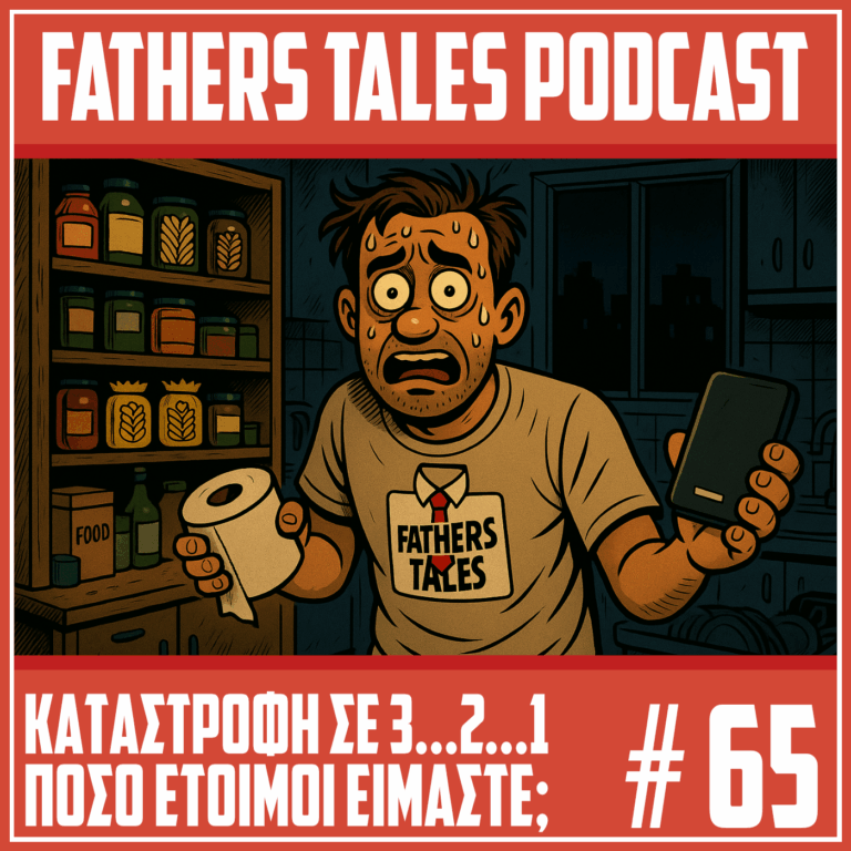 Το εξώφυλλο του 65ου επεισοδίου του Fathers Tales podcast. Δείχνει έναν άντρα σε πανικό να κρατάει ένα χαρτί υγείας και ένα powerbank