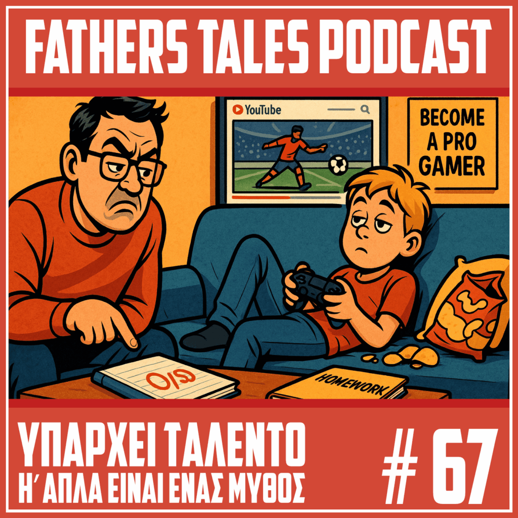 Το εξώφυλλο του 67ου επεισόδιου του Fathers Tales podcast. Δείχνει ένα πατέρα να μιλάει στο παιδί του που έχει πάρει 0 σε μία εργασία και εκείνο να παίζει video games