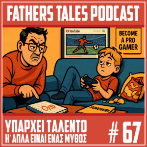 Το εξώφυλλο του 67ου επεισόδιου του Fathers Tales podcast. Δείχνει ένα πατέρα να μιλάει στο παιδί του που έχει πάρει 0 σε μία εργασία και εκείνο να παίζει video games