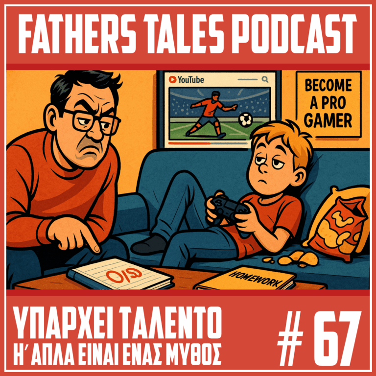 Το εξώφυλλο του 67ου επεισόδιου του Fathers Tales podcast. Δείχνει ένα πατέρα να μιλάει στο παιδί του που έχει πάρει 0 σε μία εργασία και εκείνο να παίζει video games