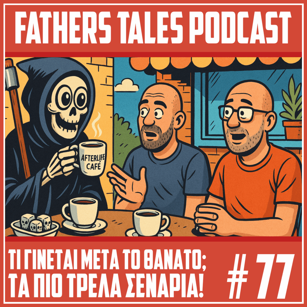 Κωμικό εξώφυλλο του Fathers Tales Podcast επεισόδιο 77. Ο Χάρος με κουκούλα και δρεπάνι πίνει καφέ σε τραπέζι μαζί με δύο άντρες που μιλάνε γελώντας. Στην κούπα του Χάρου γράφει “Afterlife Café”. Στο κάτω μέρος της εικόνας εμφανίζεται ο τίτλος: Τι γίνεται μετά το θάνατο; Τα πιο τρελά σενάρια.