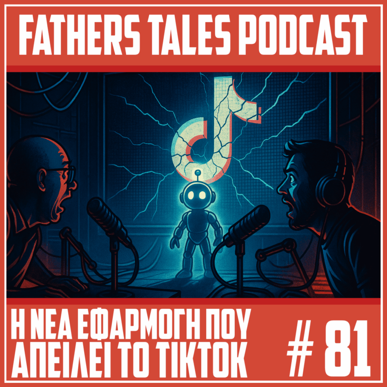 Δύο Έλληνες podcasters συζητούν έντονα μπροστά από τα μικρόφωνά τους, ενώ ανάμεσά τους στέκεται ένα μικρό ρομπότ με φωτεινά μάτια. Πίσω του προβάλλεται μια μεγάλη οθόνη όπου το λογότυπο του TikTok φαίνεται ραγισμένο, συμβολίζοντας την απειλή μιας νέας εφαρμογής. Η σκηνή έχει ύφος κόμικ, με έντονα χρώματα και δραματικό φωτισμό.