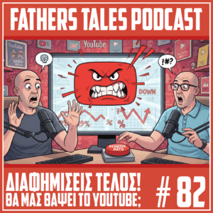 Κόμικ εικόνα με δύο podcasters σε στούντιο που κοιτούν έντρομοι μια οθόνη υπολογιστή. Στην οθόνη εμφανίζεται το λογότυπο του YouTube θυμωμένο, με γραφήματα που δείχνουν πτώση. Ο ένας έχει πατήσει ένα μεγάλο κόκκινο κουμπί που γράφει “REMOVE ADS”. Στο κάτω μέρος υπάρχει ο τίτλος “ΔΙΑΦΗΜΙΣΕΙΣ ΤΕΛΟΣ! ΘΑ ΜΑΣ ΘΑΨΕΙ ΤΟ YOUTUBE;” και το νούμερο επεισοδίου #82.