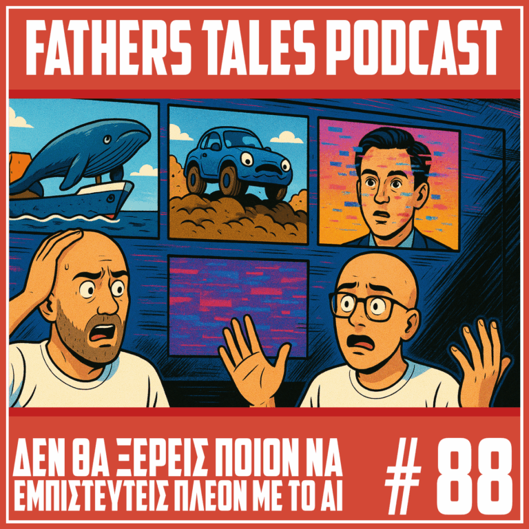 Εικονογραφημένο comic με δύο άντρες σε κατάσταση σοκ μπροστά σε οθόνες που δείχνουν ένα φάλαινα πάνω σε καράβι. ένα αυτοκίνητο σε χώμα και ένα πρόσωπο που μοιάζει με deepfake. Οι δύο άντρες έχουν έκπληκτες και ανήσυχες εκφράσεις. Στο πάνω μέρος υπάρχει ο τίτλος Fathers Tales Podcast και στο κάτω μέρος ο τίτλος του επεισοδίου Δεν θα ξέρεις ποιον να εμπιστευτείς πλέον με το AI μαζί με τον αριθμό 88.