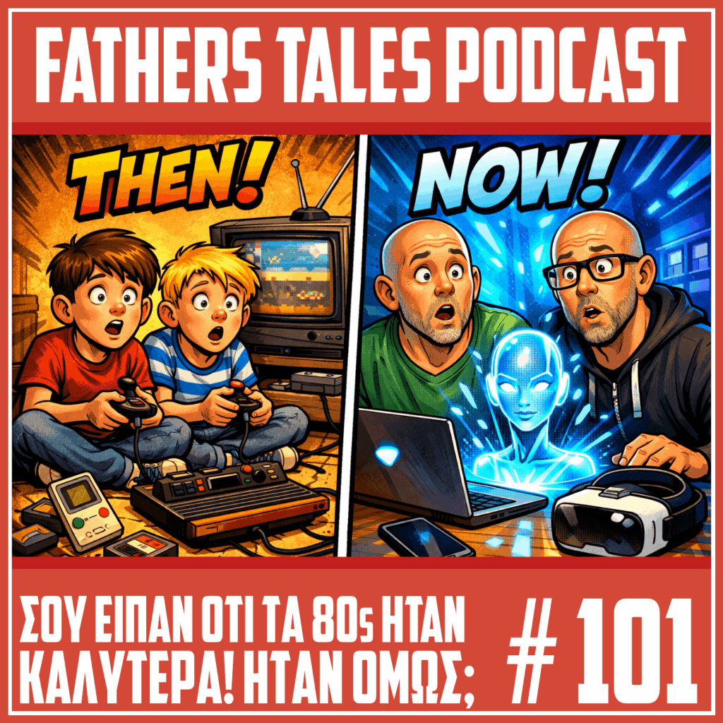 Κόμικ thumbnail χωρισμένο στα δύο. Αριστερά δύο αγόρια στα 80s παίζουν σε Atari μπροστά σε παλιά τηλεόραση με την ένδειξη “THEN!”. Δεξιά οι ίδιοι ως ενήλικες κοιτούν έκπληκτοι ένα laptop με ολόγραμμα τεχνητής νοημοσύνης και VR headset με την ένδειξη “NOW!”. Στο κάτω μέρος αναγράφεται ο τίτλος του επεισοδίου και το νούμερο 101.