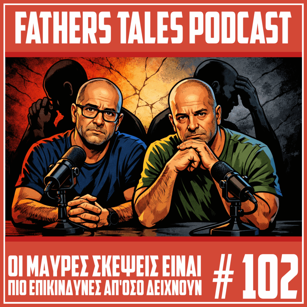 Εικονογράφηση σε κόμικ ύφος για το Fathers Tales Podcast. Δύο άντρες με σοβαρό ύφος κάθονται μπροστά σε μικρόφωνα, ενώ πίσω τους φαίνονται σκοτεινές σκιές αντρικών μορφών. Στο πάνω μέρος γράφει Fathers Tales Podcast και στο κάτω μέρος γράφει «Οι μαύρες σκέψεις είναι πιο επικίνδυνες απ’ όσο δείχνουν» και «#102».
