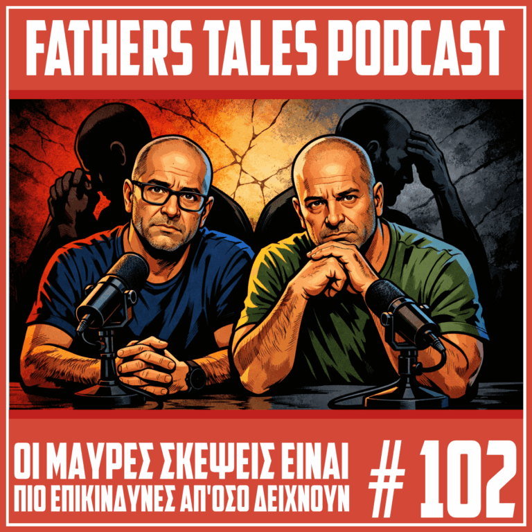 Εικονογράφηση σε κόμικ ύφος για το Fathers Tales Podcast. Δύο άντρες με σοβαρό ύφος κάθονται μπροστά σε μικρόφωνα, ενώ πίσω τους φαίνονται σκοτεινές σκιές αντρικών μορφών. Στο πάνω μέρος γράφει Fathers Tales Podcast και στο κάτω μέρος γράφει «Οι μαύρες σκέψεις είναι πιο επικίνδυνες απ’ όσο δείχνουν» και «#102».