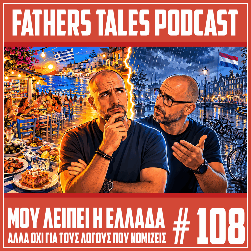 Εικόνα για το Fathers Tales Podcast, επεισόδιο 108. Οι δύο παρουσιαστές φαίνονται σε στυλ κόμικ στο κέντρο. Στα αριστερά υπάρχει φωτεινό ελληνικό καλοκαιρινό τοπίο με θάλασσα, ελληνική σημαία, ταβέρνα και φαγητά. Στα δεξιά υπάρχει βροχερό τοπίο της Ολλανδίας με κανάλι, ποδήλατα και ολλανδική σημαία. Στο κάτω μέρος γράφει «Μου λείπει η Ελλάδα αλλά όχι για τους λόγους που νομίζεις» και «#108».