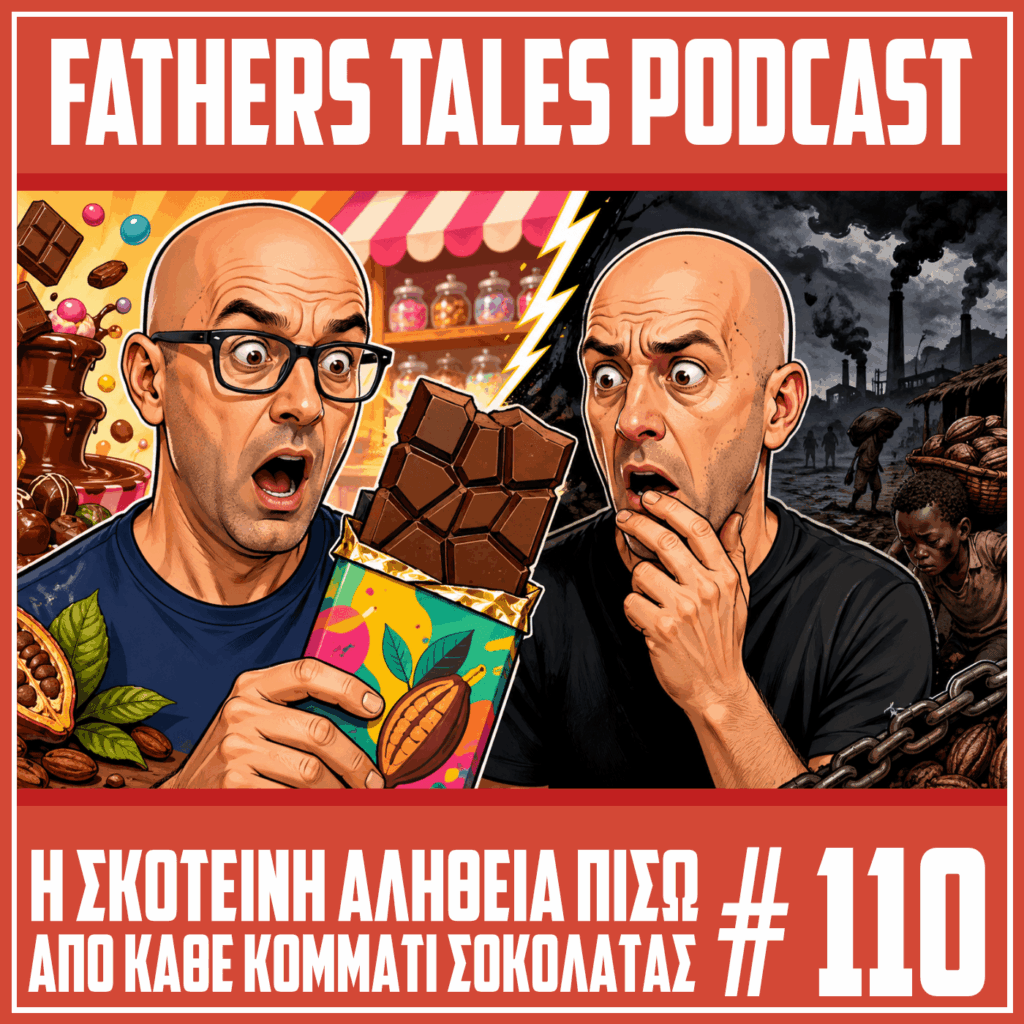 Comic-style εικόνα για το επεισόδιο 110 του Fathers Tales Podcast, με δύο άντρες να κοιτούν σοκαρισμένοι μια μεγάλη σοκολάτα, ενώ το φόντο χωρίζεται ανάμεσα σε έναν γλυκό κόσμο σοκολάτας και μια σκοτεινή πλευρά που συμβολίζει την εκμετάλλευση στη βιομηχανία του κακάο.