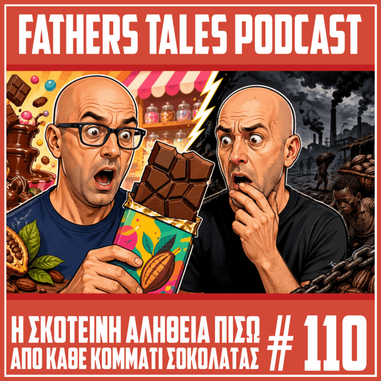 Comic-style εικόνα για το επεισόδιο 110 του Fathers Tales Podcast, με δύο άντρες να κοιτούν σοκαρισμένοι μια μεγάλη σοκολάτα, ενώ το φόντο χωρίζεται ανάμεσα σε έναν γλυκό κόσμο σοκολάτας και μια σκοτεινή πλευρά που συμβολίζει την εκμετάλλευση στη βιομηχανία του κακάο.