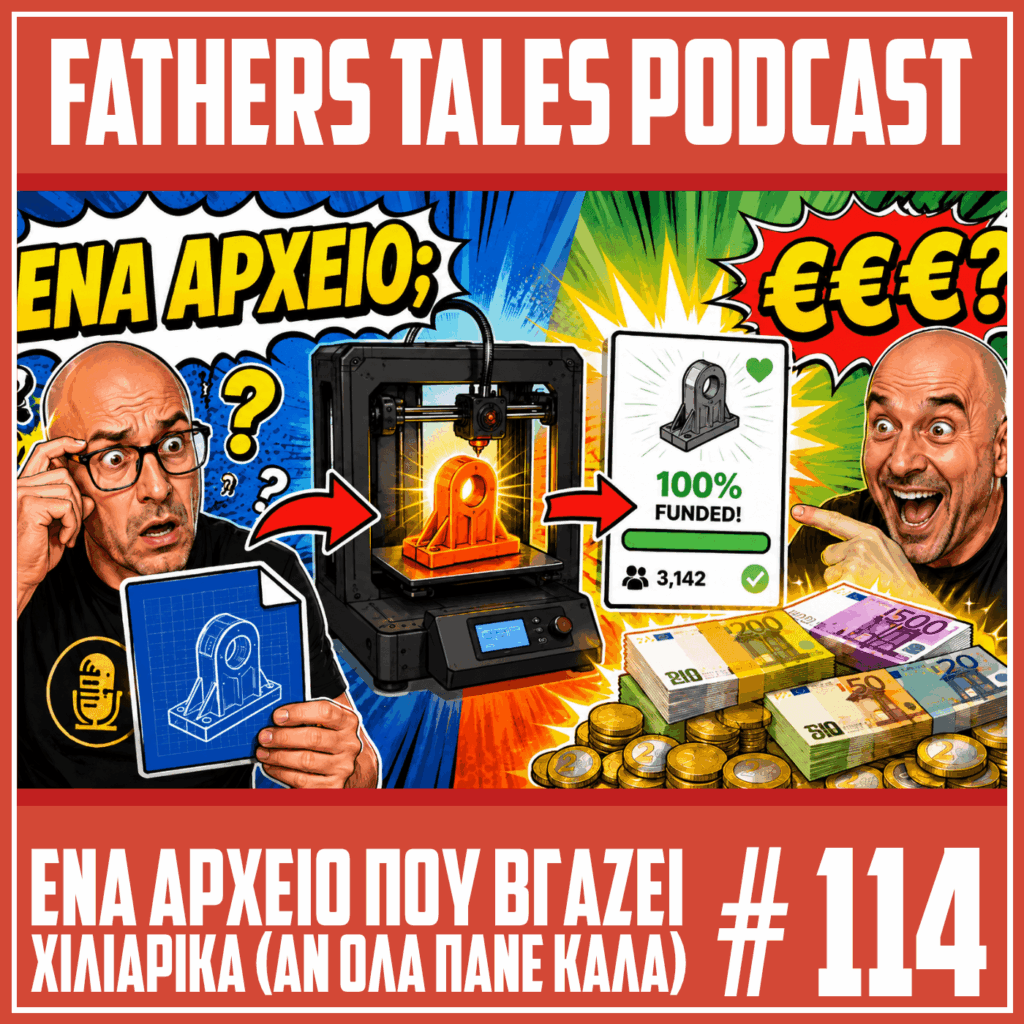 Comic style thumbnail για το Fathers Tales Podcast, επεισόδιο 114, με τους δύο παρουσιαστές να αντιδρούν σε μια ιδέα για crowdfunding και 3D printing. Στην εικόνα φαίνεται ένας 3D printer που εκτυπώνει ένα αντικείμενο, ένα σχέδιο αρχείου, μια καμπάνια 100% funded και πολλά ευρώ, με κείμενο “Ένα αρχείο που βγάζει χιλιάρικα;”