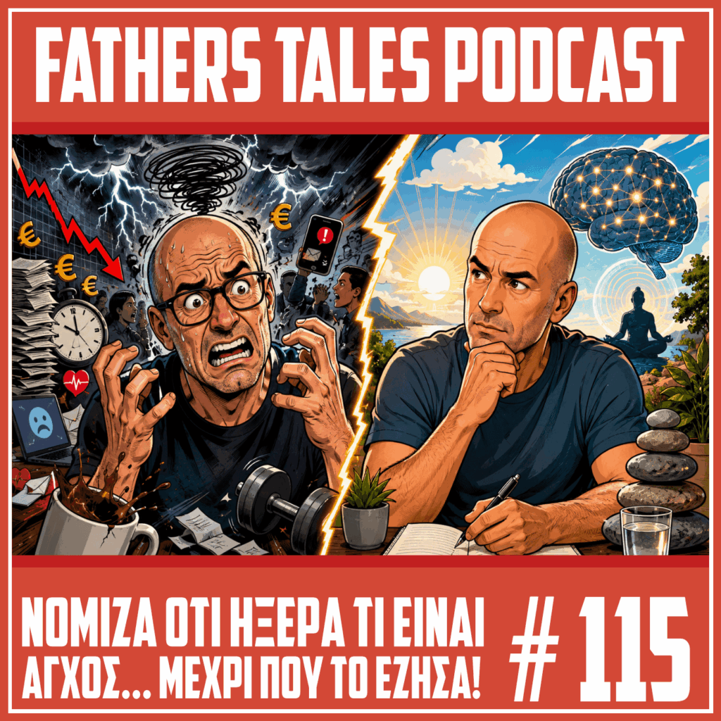 Comic εικόνα για το επεισόδιο 115 του Fathers Tales Podcast, με δύο άντρες χωρισμένους σε δύο πλευρές. Στη μία πλευρά ένας αγχωμένος άντρας με γυαλιά φαίνεται πανικόβλητος μέσα σε σύννεφα, σύμβολα ευρώ, ειδοποιήσεις και χαοτικά στοιχεία. Στην άλλη πλευρά ένας πιο ήρεμος άντρας σκέφτεται μπροστά σε φωτεινό τοπίο με σύμβολα ηρεμίας και καθαρότητας.