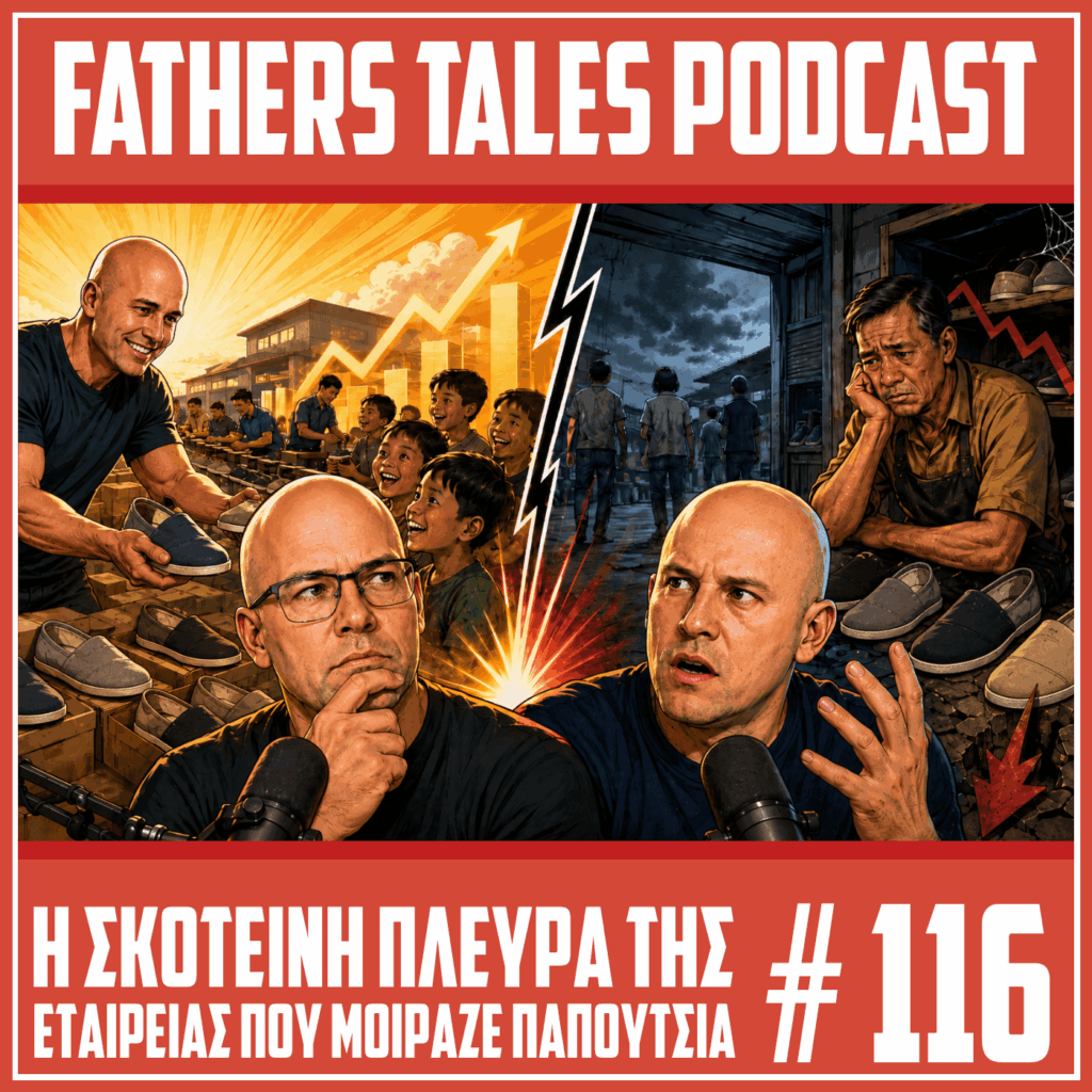 Comic style thumbnail για το επεισόδιο 116 του Fathers Tales Podcast, με τον Γιώργο και τον Δημήτρη μπροστά σε μικρόφωνα. Στο φόντο φαίνεται μια έντονη αντίθεση ανάμεσα στη φωτεινή πλευρά της φιλανθρωπίας, με παιδιά που παίρνουν παπούτσια, και στη σκοτεινή πλευρά των συνεπειών, με έναν προβληματισμένο πωλητή παπουτσιών και σύμβολα οικονομικής πτώσης.