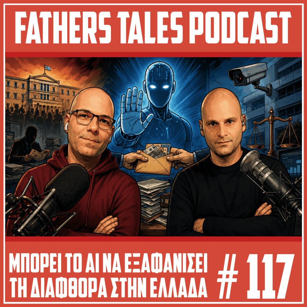 Κόμικ thumbnail του Fathers Tales Podcast με δύο παρουσιαστές μπροστά από μικρόφωνα, ένα ρομπότ AI στο κέντρο, κάμερα παρακολούθησης, ζυγαριά δικαιοσύνης και σκηνή με φάκελο χρημάτων, για επεισόδιο σχετικά με την τεχνητή νοημοσύνη και τη διαφθορά στην Ελλάδα.