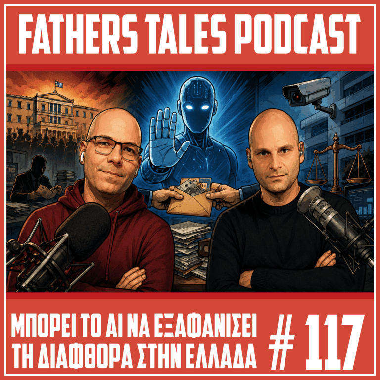 Κόμικ thumbnail του Fathers Tales Podcast με δύο παρουσιαστές μπροστά από μικρόφωνα, ένα ρομπότ AI στο κέντρο, κάμερα παρακολούθησης, ζυγαριά δικαιοσύνης και σκηνή με φάκελο χρημάτων, για επεισόδιο σχετικά με την τεχνητή νοημοσύνη και τη διαφθορά στην Ελλάδα.