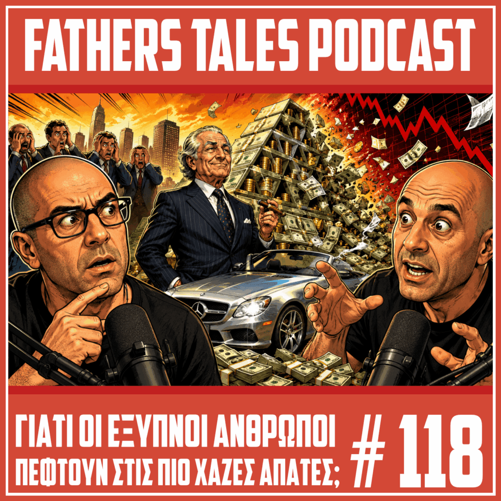 Comic style εικόνα για το επεισόδιο 118 του Fathers Tales Podcast, με τον Γιώργο και τον Δημήτρη να συζητούν για οικονομικές απάτες, Ponzi σχήματα, τον Bernie Madoff, hedge funds και την ψευδαίσθηση του εύκολου χρήματος.