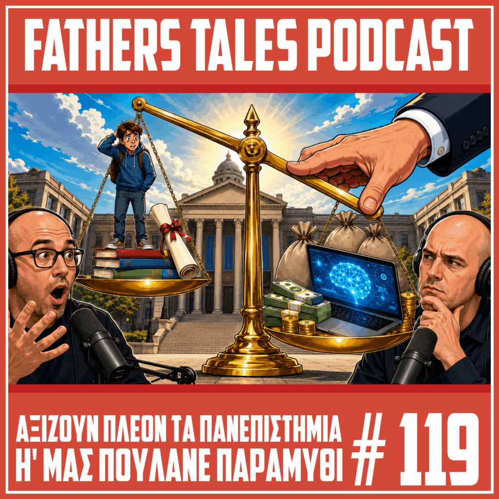 Comic εικόνα για το επεισόδιο 119 του Fathers Tales, με δύο hosts, μια ζυγαριά όπου συγκρίνονται οι σπουδές με τα χρήματα και την τεχνολογία, μπροστά από ένα μεγάλο πανεπιστήμιο.