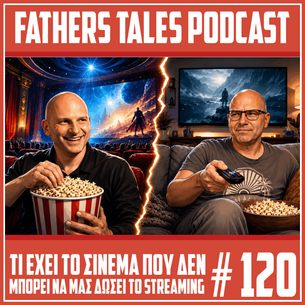 Οι δύο παρουσιαστές του Fathers Tales συγκρίνουν την εμπειρία του σινεμά με την άνεση του streaming στο σπίτι, κρατώντας ποπ κορν και τηλεκοντρόλ.