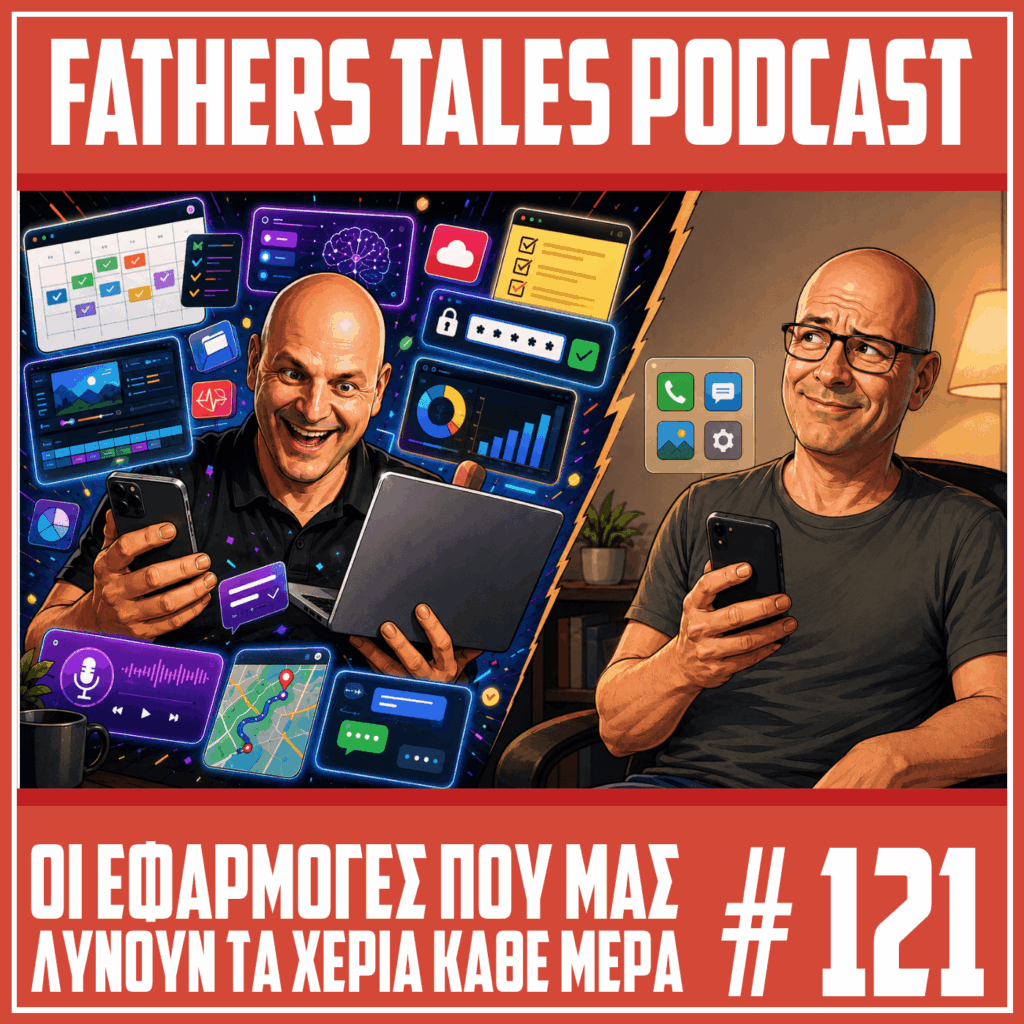 Κόμικ εικόνα με δύο φαλακρούς παρουσιαστές podcast. Ο ένας κρατά κινητό και laptop, περιτριγυρισμένος από εφαρμογές παραγωγικότητας, AI, χάρτες και μηνύματα, ενώ ο δεύτερος κρατά ένα κινητό σε πιο απλό και ήρεμο περιβάλλον.