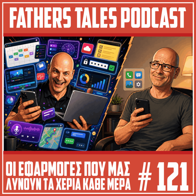 Κόμικ εικόνα με δύο φαλακρούς παρουσιαστές podcast. Ο ένας κρατά κινητό και laptop, περιτριγυρισμένος από εφαρμογές παραγωγικότητας, AI, χάρτες και μηνύματα, ενώ ο δεύτερος κρατά ένα κινητό σε πιο απλό και ήρεμο περιβάλλον.