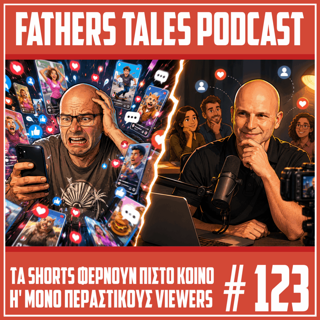 Κόμικ εικόνα του Fathers Tales #123 με τον Γιώργο αγχωμένο μέσα σε καταιγισμό από shorts, likes και ειδοποιήσεις, ενώ ο Δημήτρης ηχογραφεί ήρεμα long form περιεχόμενο μπροστά σε μικρόφωνο και αφοσιωμένο κοινό.
