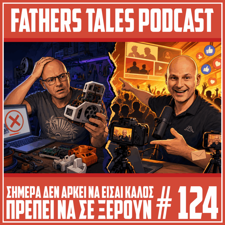 Εικόνα του επεισοδίου 124 του Fathers Tales Podcast, με τον Γιώργο να κρατά μια ηλεκτρονική κατασκευή δίπλα σε απορριφθέν crowdfunding project και τον Δημήτρη μπροστά σε κάμερα, μικρόφωνο και κοινό, συμβολίζοντας τη σημασία του personal brand και της online παρουσίας.
