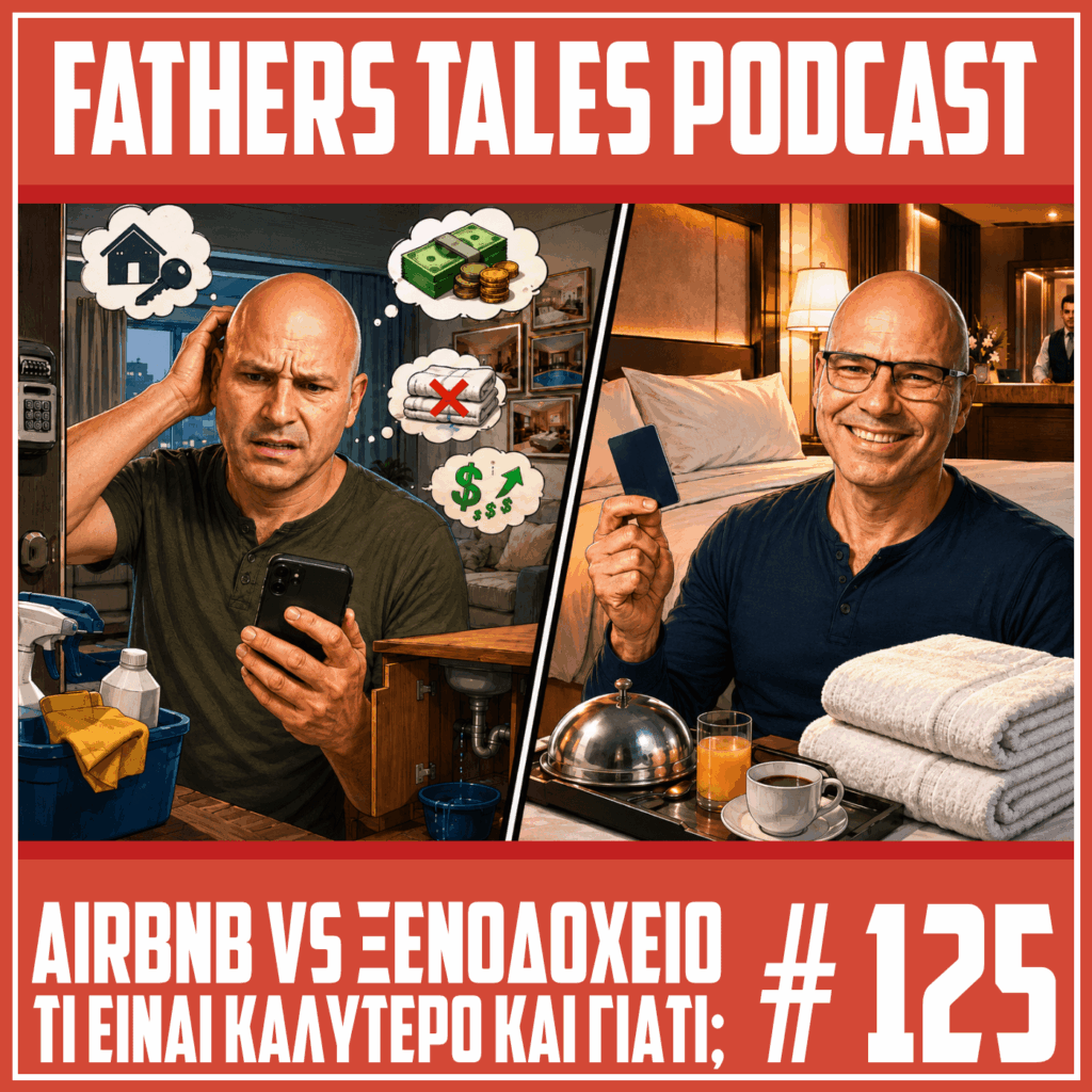 Οι δύο παρουσιαστές του Fathers Tales συγκρίνουν Airbnb και ξενοδοχείο, με τον έναν προβληματισμένο σε διαμέρισμα Airbnb και τον άλλο χαμογελαστό σε άνετο ξενοδοχείο.