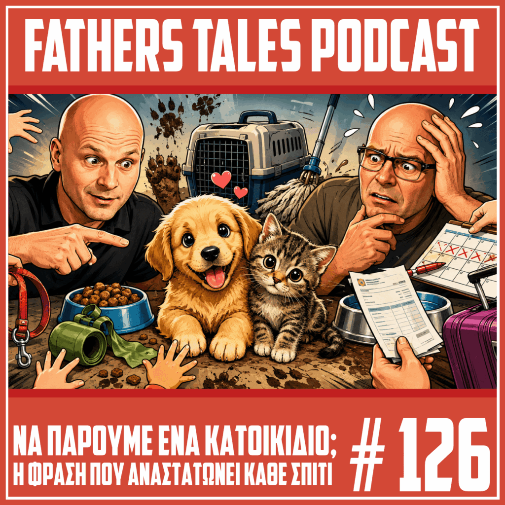 Κόμικ εικόνα για το επεισόδιο 126 του Fathers Tales Podcast, με τον Γιώργο και τον Δημήτρη να κοιτούν ένα χαριτωμένο κουτάβι και ένα γατάκι, ενώ γύρω τους υπάρχουν λουρί, μπολ, κλουβί μεταφοράς, λασπωμένες πατούσες, σφουγγαρίστρα, λογαριασμός κτηνιάτρου και βαλίτσα, συμβολίζοντας τις ευθύνες και τις δυσκολίες ενός κατοικίδιου.