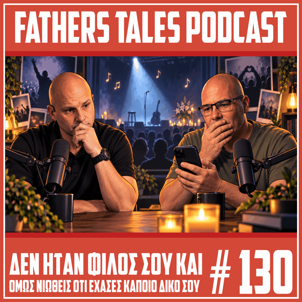 Comic-style εικόνα του Fathers Tales Podcast με τον Γιώργο και τον Δημήτρη μπροστά στα μικρόφωνα, σκεπτικούς και συγκινημένους, ενώ στο βάθος φαίνεται μια άδεια σκηνή με προβολέα, κεριά και σιλουέτες κοινού. Το εικαστικό συνοδεύει το επεισόδιο 130 για το γιατί μας επηρεάζει ο θάνατος ενός διάσημου που δεν γνωρίσαμε ποτέ.