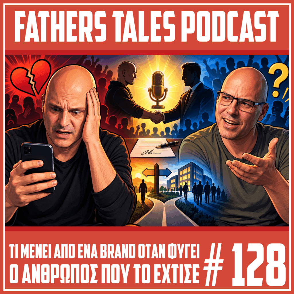 Comic-style εικόνα για το επεισόδιο 128 του Fathers Tales, με τον Γιώργο και τον Δημήτρη να συζητούν για την πώληση ενός personal brand, ενώ στο κέντρο δύο άντρες δίνουν τα χέρια μπροστά από ένα μικρόφωνο και ένα συμβολικό σταυροδρόμι.