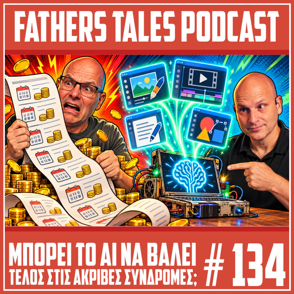Comic εικονογράφηση για το επεισόδιο 134 του Fathers Tales. Ο Γιώργος κρατά έναν τεράστιο λογαριασμό συνδρομών με έκφραση αγανάκτησης, ενώ ο Δημήτρης δείχνει έναν υπολογιστή με τεχνητή νοημοσύνη που δημιουργεί εφαρμογές επεξεργασίας εικόνας, βίντεο και εγγράφων. Το σκηνικό συμβολίζει τη σύγκρουση ανάμεσα στις ακριβές συνδρομές λογισμικού και τις δωρεάν εναλλακτικές που μπορούν να δημιουργηθούν με AI.