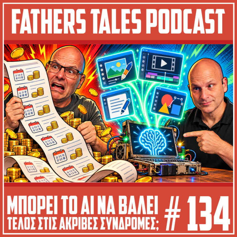 Comic εικονογράφηση για το επεισόδιο 134 του Fathers Tales. Ο Γιώργος κρατά έναν τεράστιο λογαριασμό συνδρομών με έκφραση αγανάκτησης, ενώ ο Δημήτρης δείχνει έναν υπολογιστή με τεχνητή νοημοσύνη που δημιουργεί εφαρμογές επεξεργασίας εικόνας, βίντεο και εγγράφων. Το σκηνικό συμβολίζει τη σύγκρουση ανάμεσα στις ακριβές συνδρομές λογισμικού και τις δωρεάν εναλλακτικές που μπορούν να δημιουργηθούν με AI.